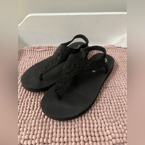 Black Rhinestone T-strap Women's Sandals